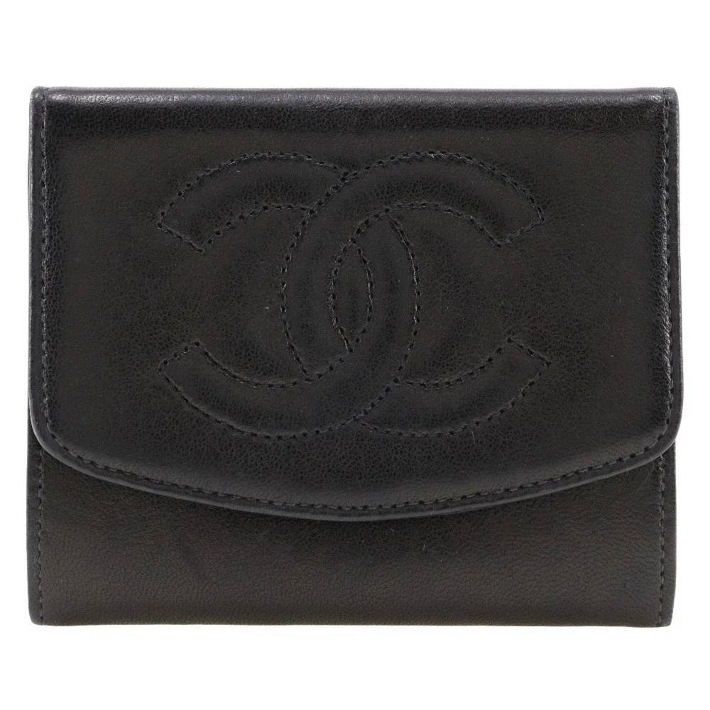 CHANEL Black Lambskin Leather Logo Wallet